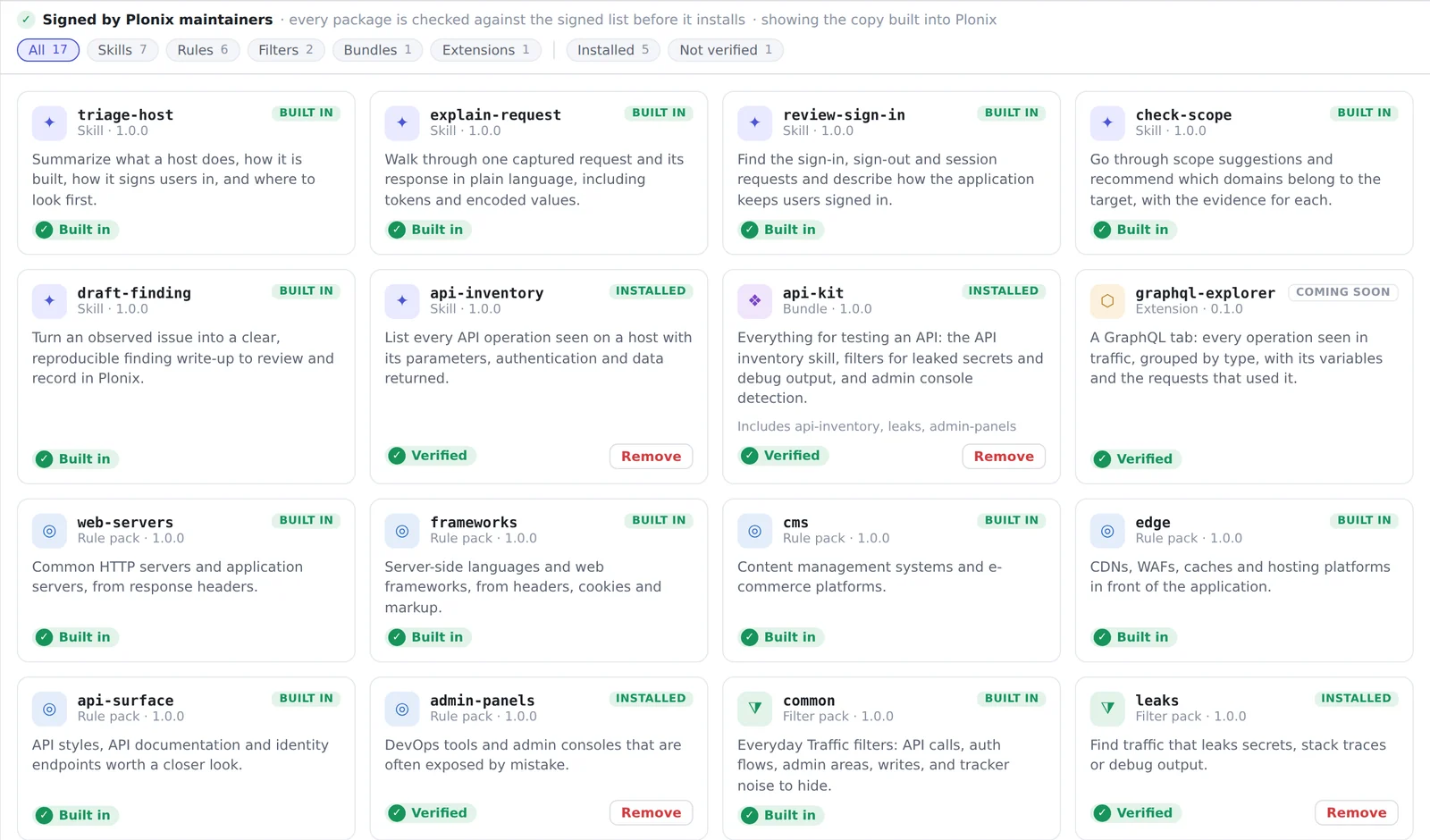 The Market: skills, rule packs, filter packs, a bundle and an extension, each marked Built in or Verified, with Remove buttons on installed items.