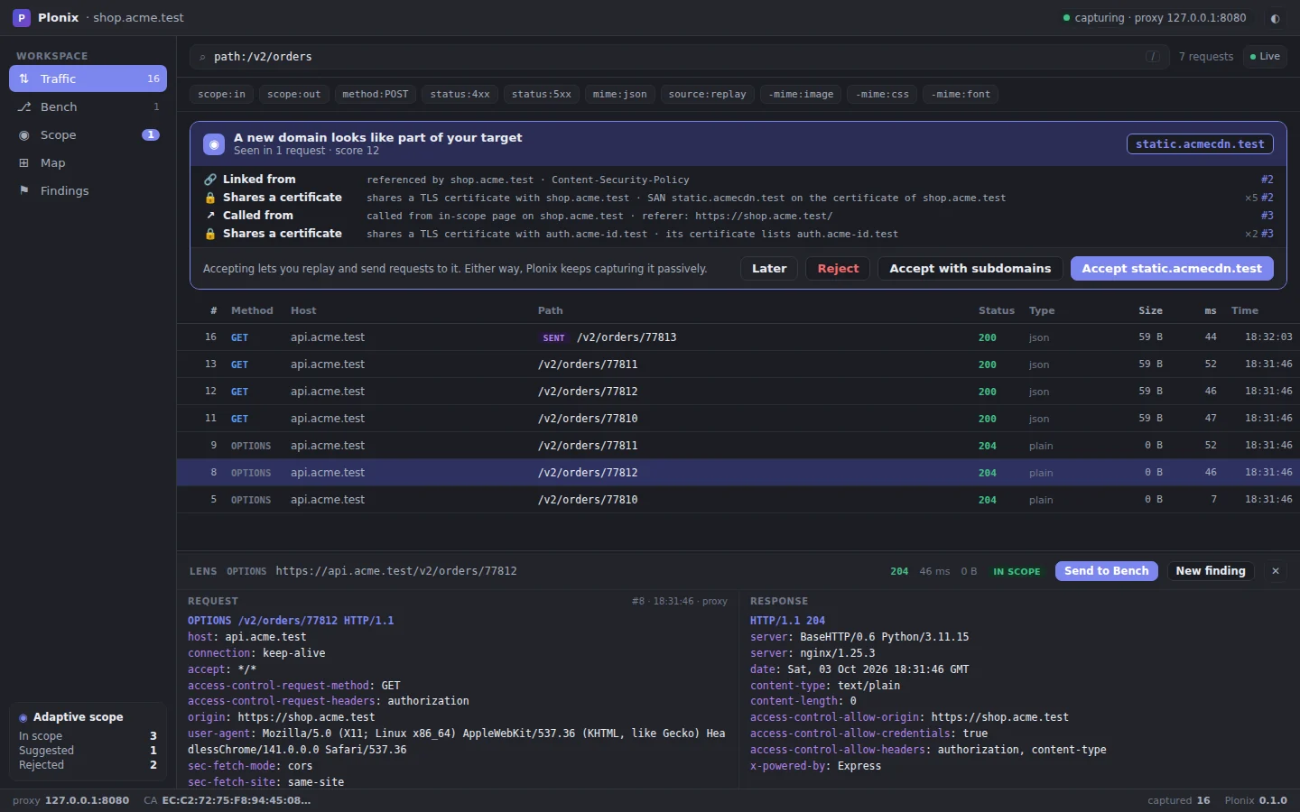 The Plonix window: live traffic with a search filter, a suggestion to add a new domain to scope with its evidence, and the Lens showing a request and its response.